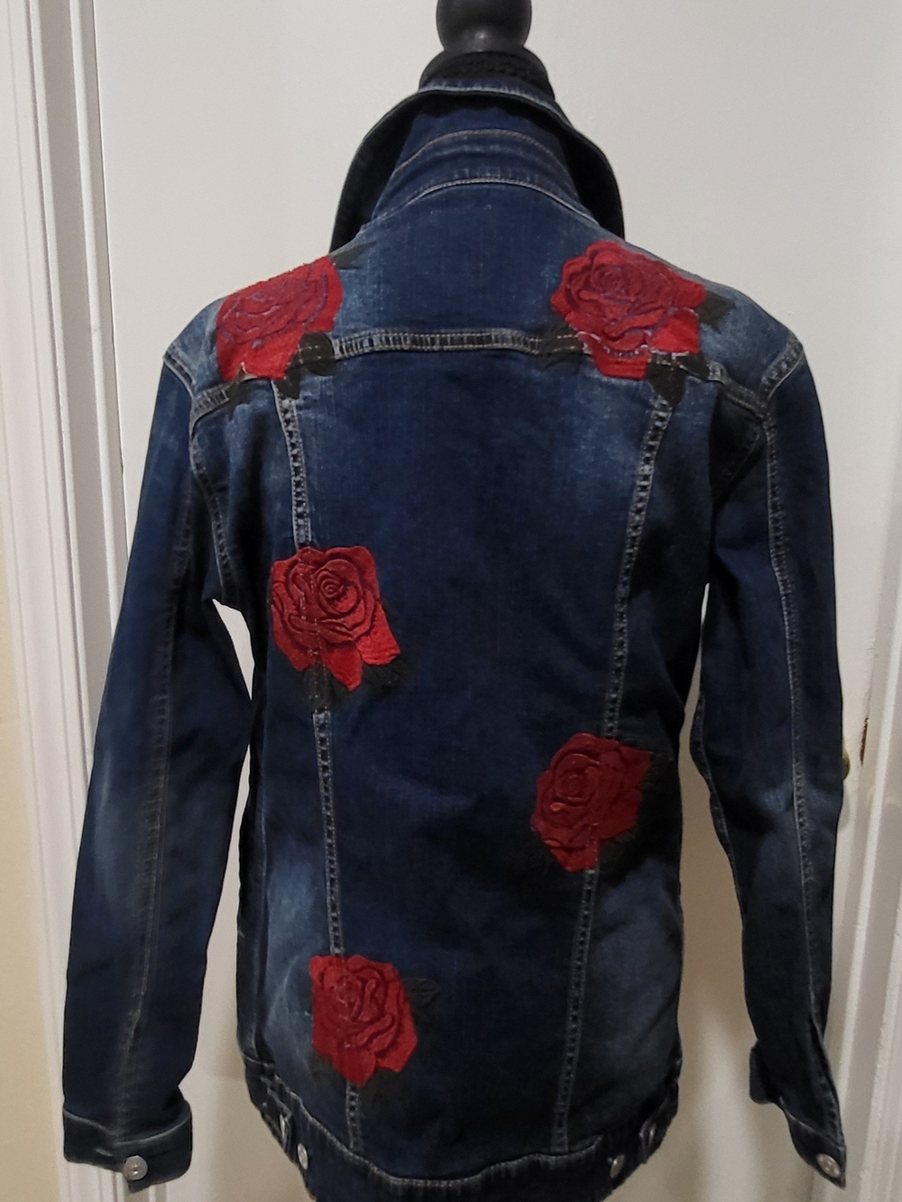 LuLaRoe Dark Denim Jacket with Red Embroidered Roses. - Picture 2 of 3